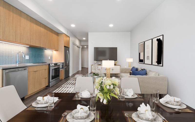 a large kitchen with a large dining table