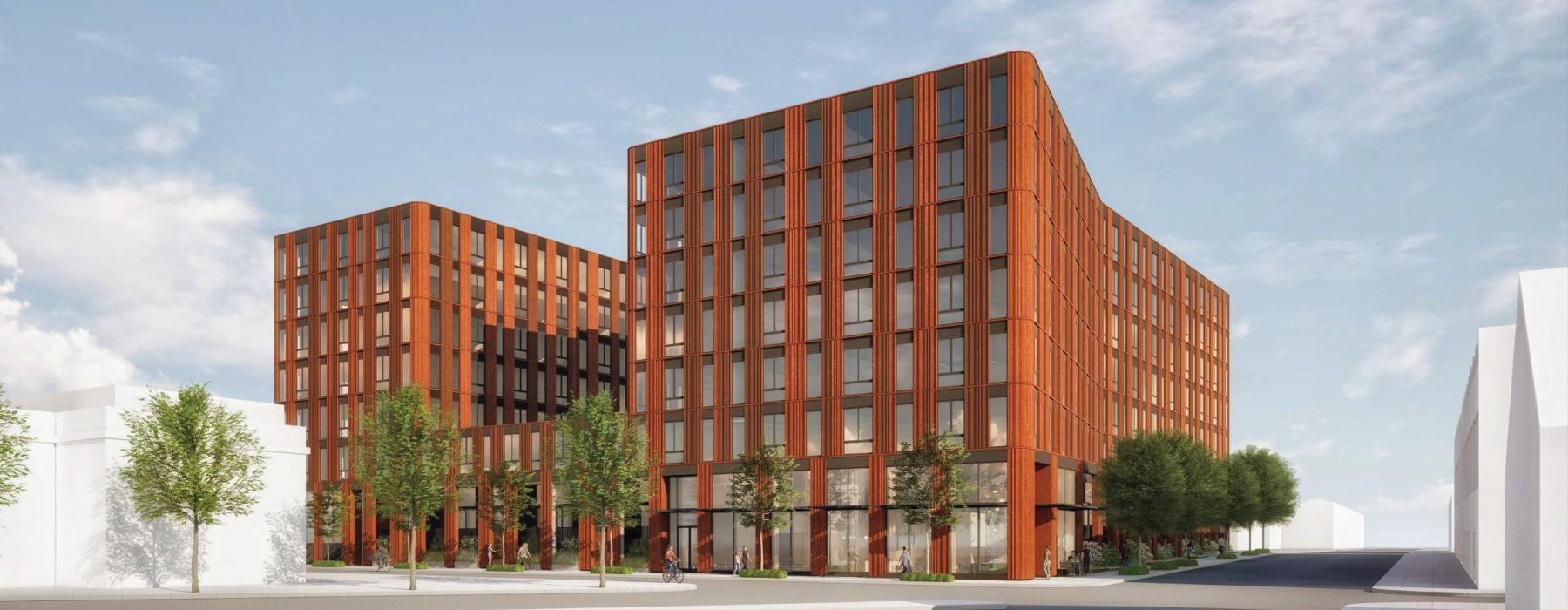 a rendering of a large building with trees and roads in front of it