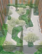 a courtyard between buildings