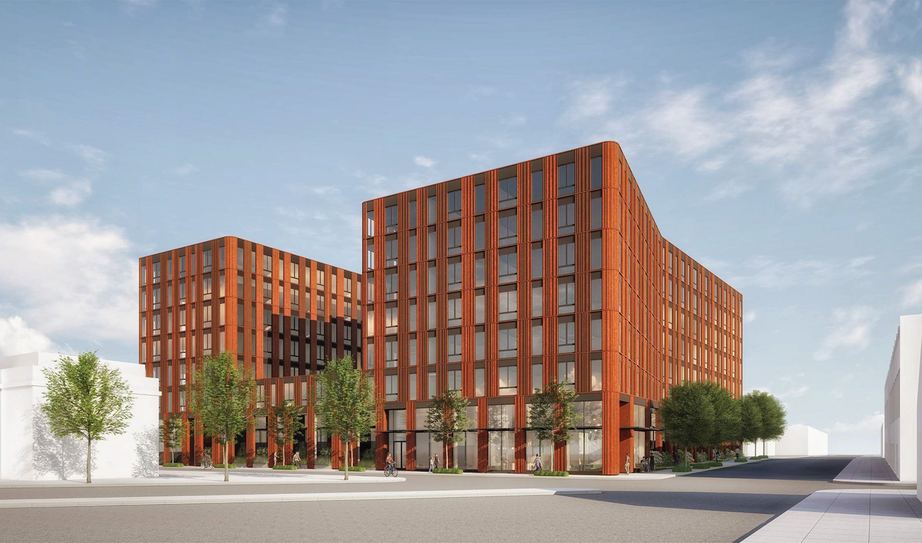 a rendering of a large building with trees and roads in front of it