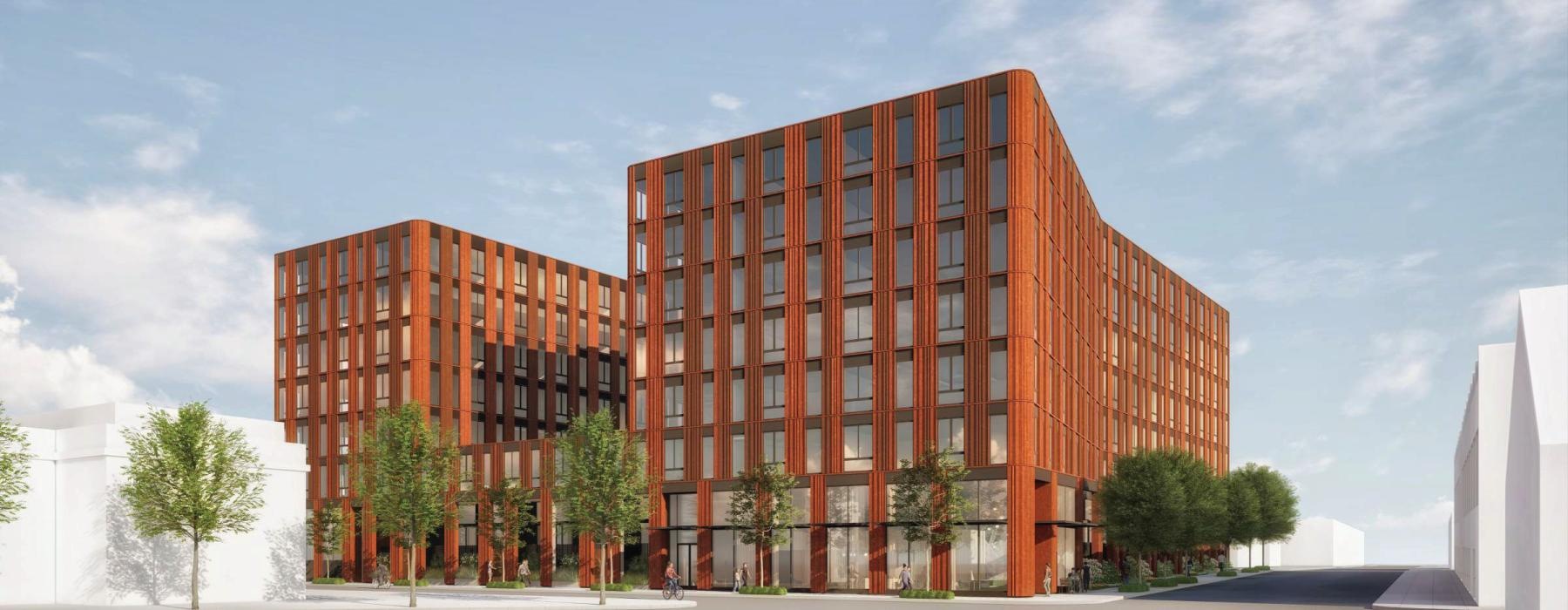 a rendering of a large building with trees and roads in front of it